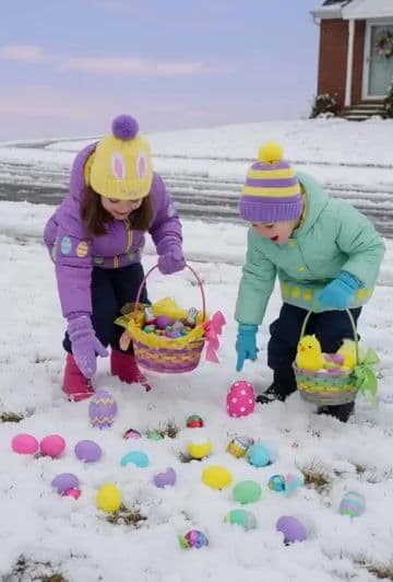 Grok Imagine Prompt: Render two kids outside dressed in winter coats and toques in traditional Easter colours — cover