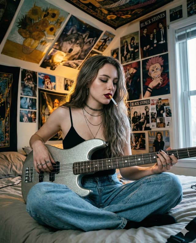 Grunge Bedroom Bass Player Portrait — output