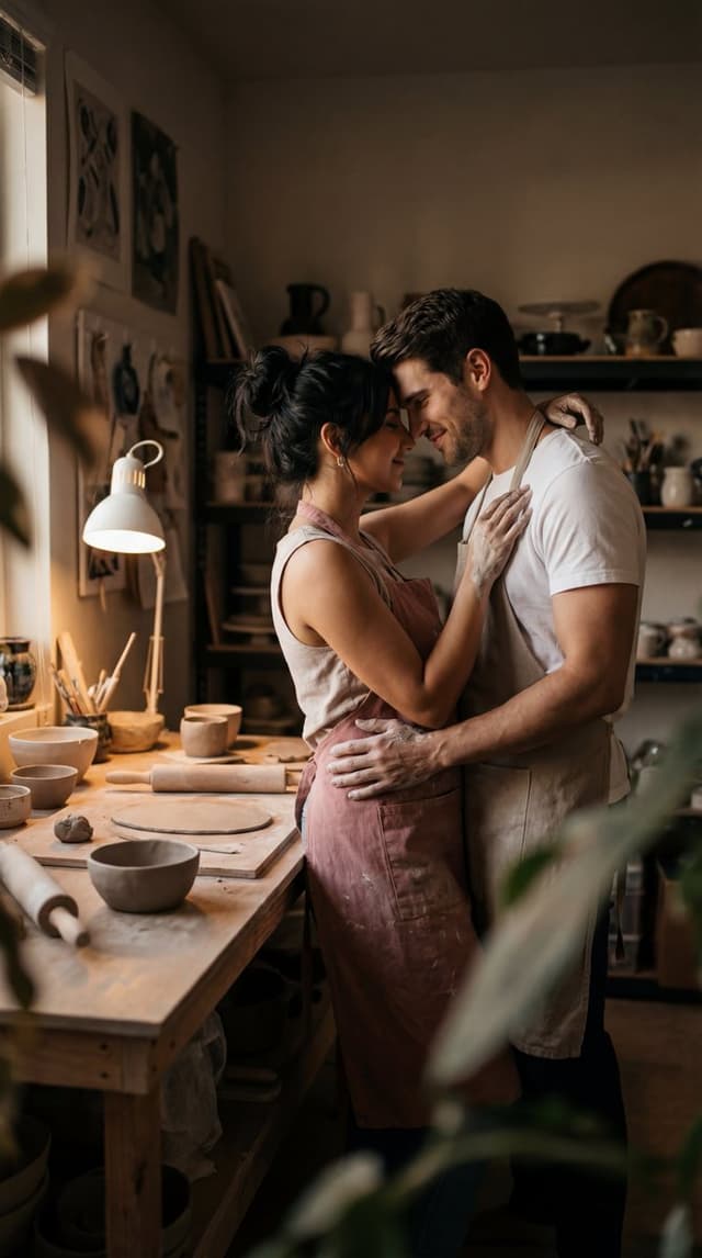 Cinematic Pottery Studio Couple Embrace Prompt — output