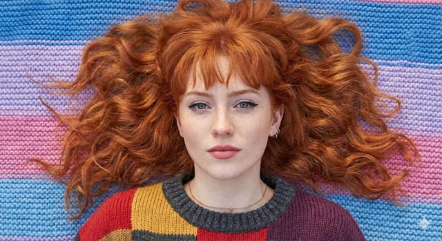 Flat Lay Portrait of a Ginger Woman on a Rainbow Blanket — output