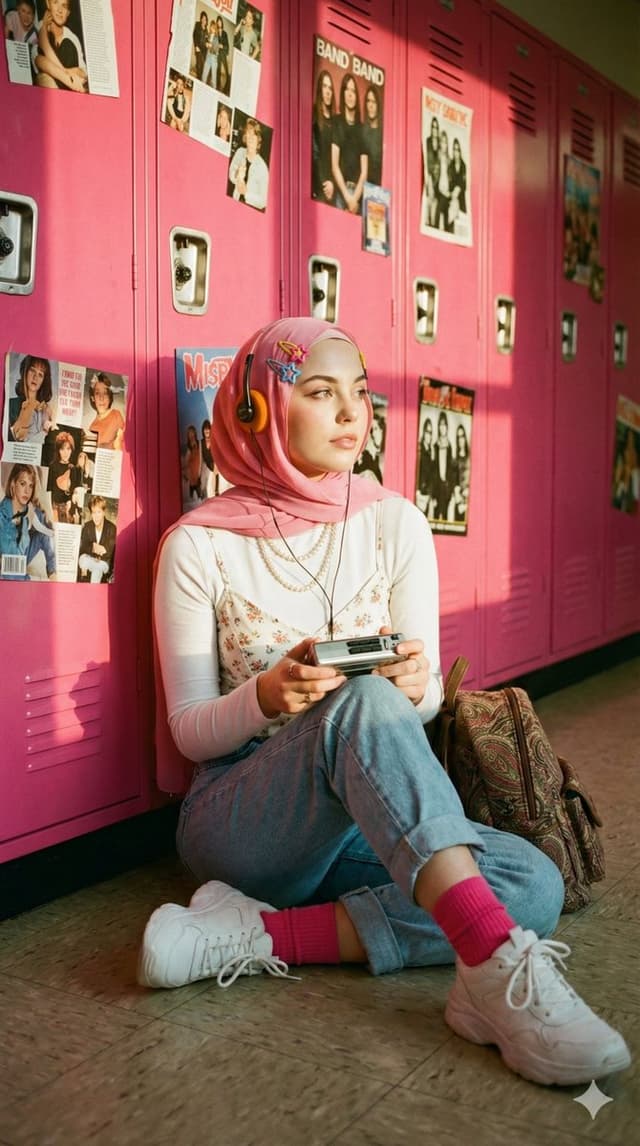 Cinematic Y2K Portrait of a Hijab Woman with a Cassette Player — output