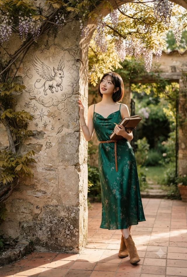 Social Media Post - Emerald Dress Wisteria Courtyard Portrait — output