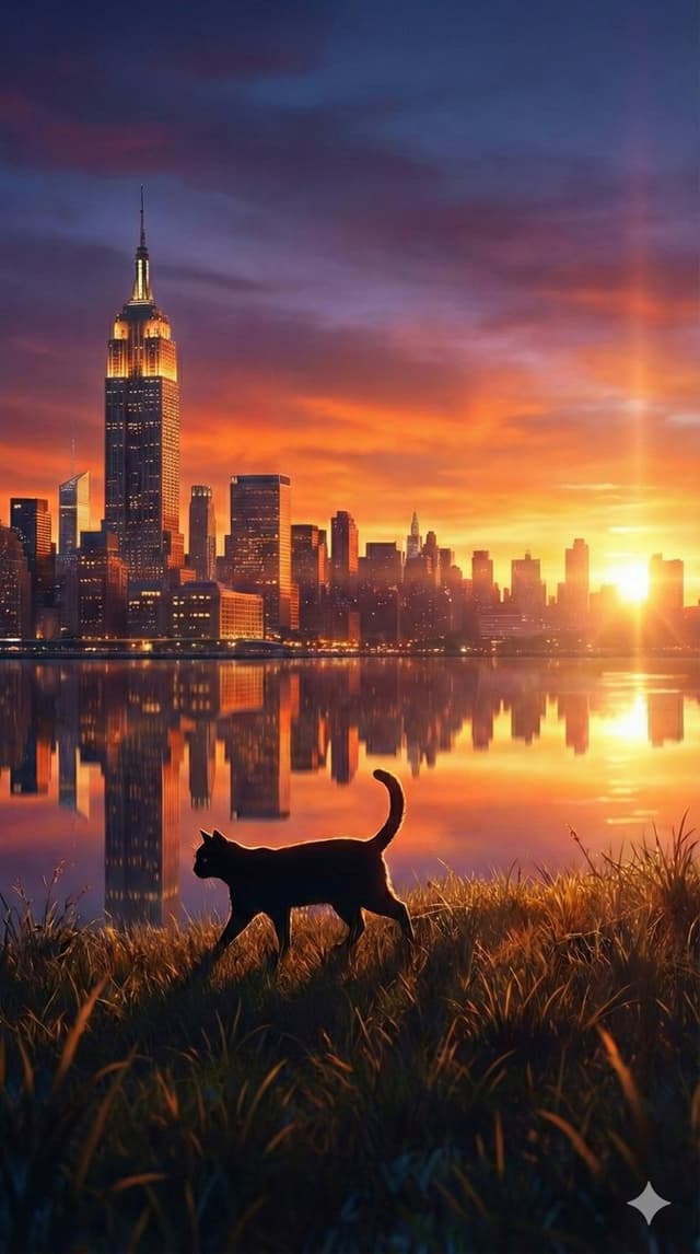 Fantasy Sunset Landscape with Black Cat Silhouette and City Reflection — output