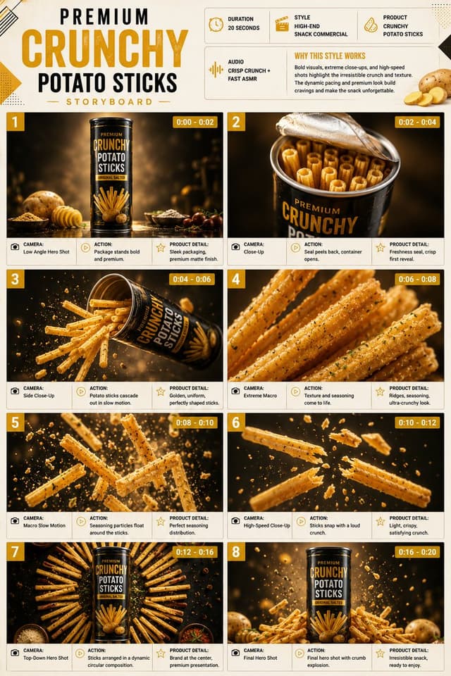 Comic / Storyboard - Premium Snack Commercial Storyboard — output