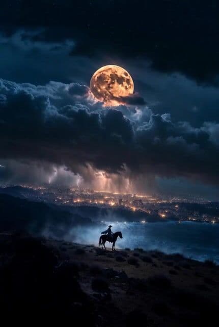 Cinematic night scene with cowgirl and hidden megacity prompt — cover