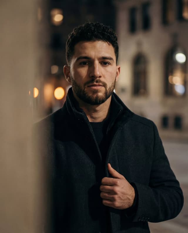 Cinematic low-key urban portrait prompt — output
