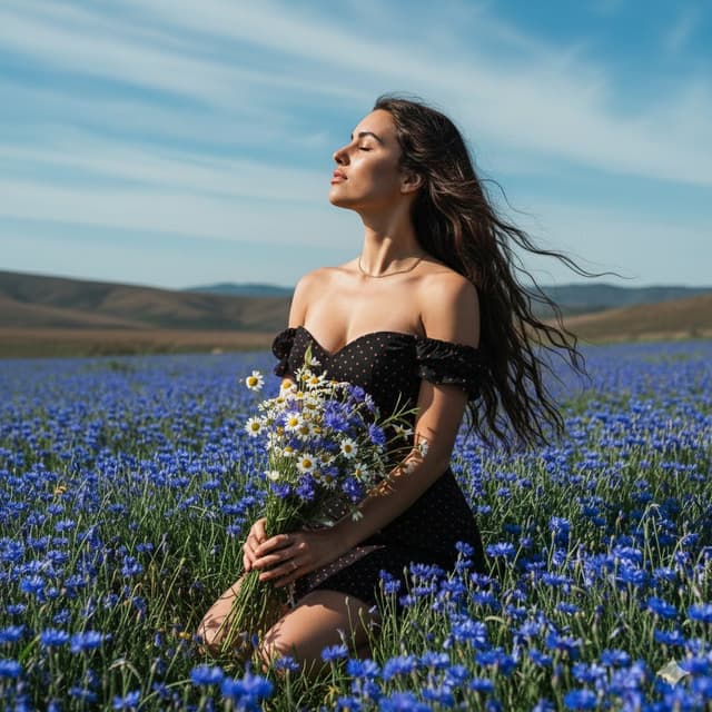 Serene Portrait of a Woman Kneeling in a Wildflower Field — output