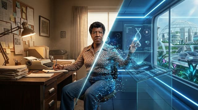 Asimov Visionary Split-Scene Concept Art Prompt — output