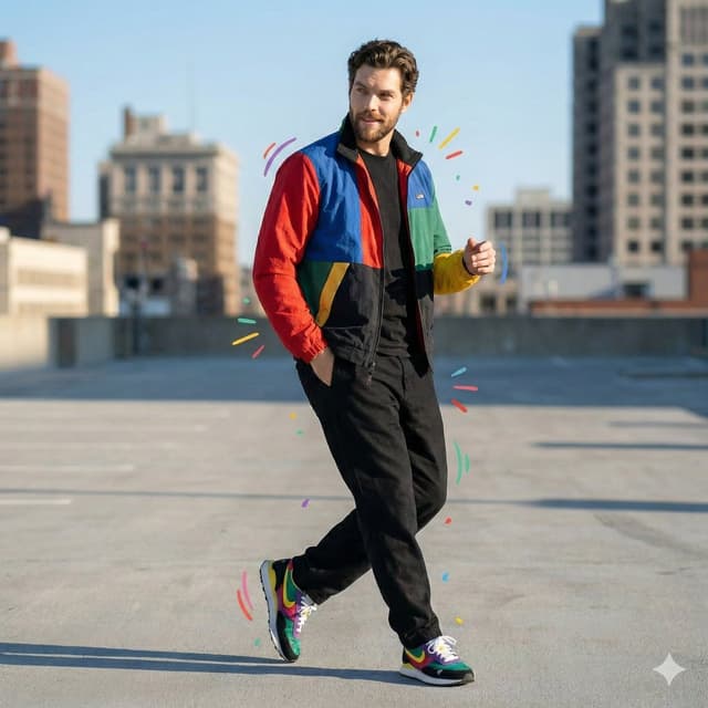 Product Marketing - Color-Blocked Fashion Portrait with Graphic Accents — output