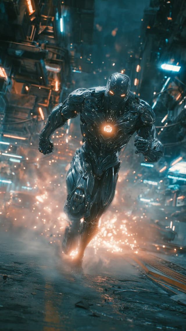 Cinematic sci-fi battle scene with a cyborg — cover
