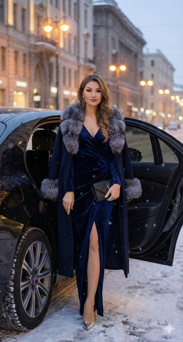 Cinematic Fashion Editorial: Luxury Sedan Exit in Snow — output