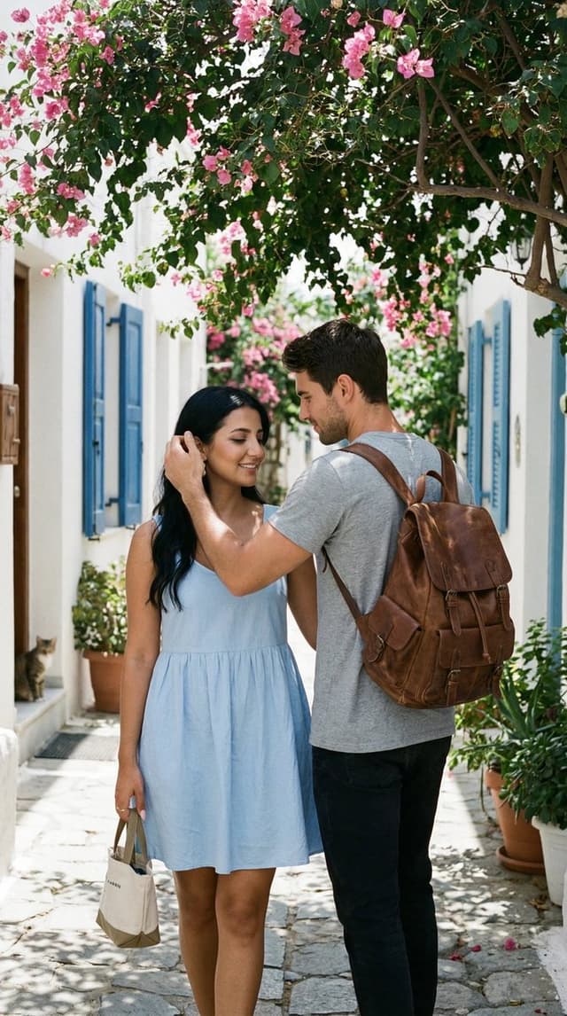 Ultra-Photorealistic Candid Travel Romance Scene: Aegean Stone Street — output