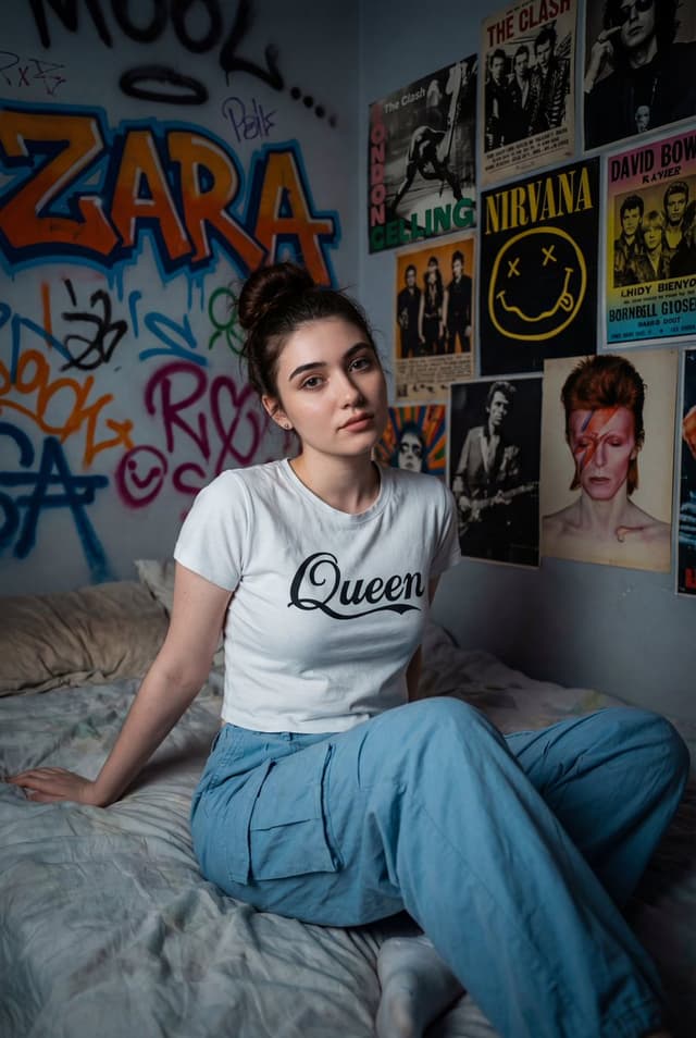 Cinematic Portrait of a Woman on a Messy Bed with Graffiti Background — output