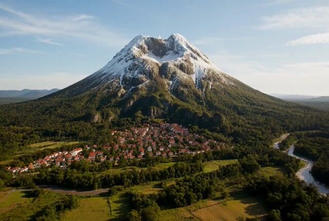 Volcanic eruption destroying a mountain town — cover