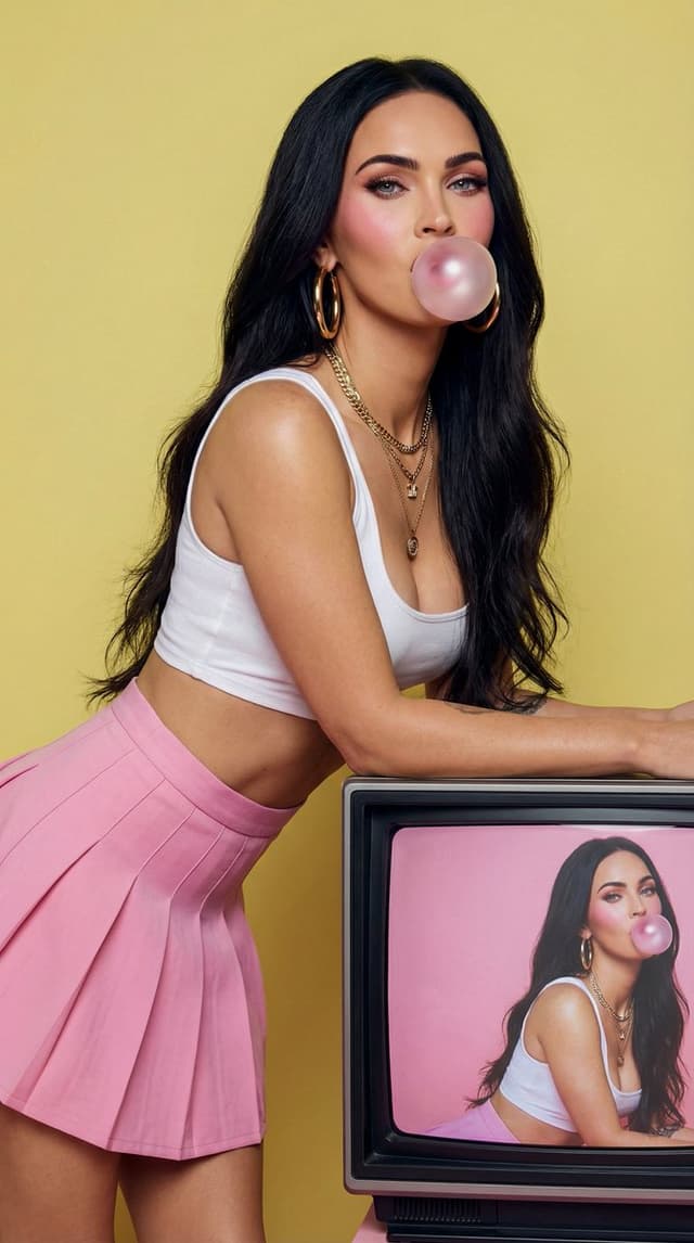Product Marketing - Fashion Editorial: Woman Blowing Bubblegum on Retro TV — output