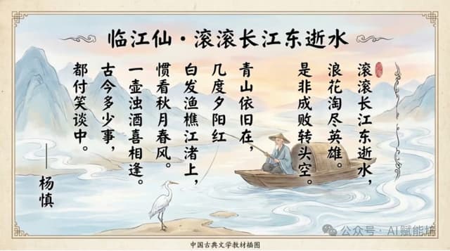 Textbook-style illustration for the poem “Linjiangxian” — output