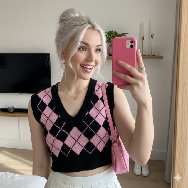 Cute Blonde Girl Mirror Selfie in Argyle Vest — output