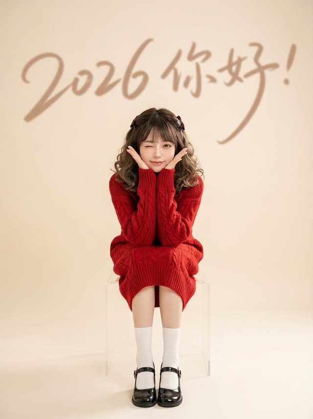 Chinese New Year Portrait with Red Knitwear and Minimalist Studio Look — output