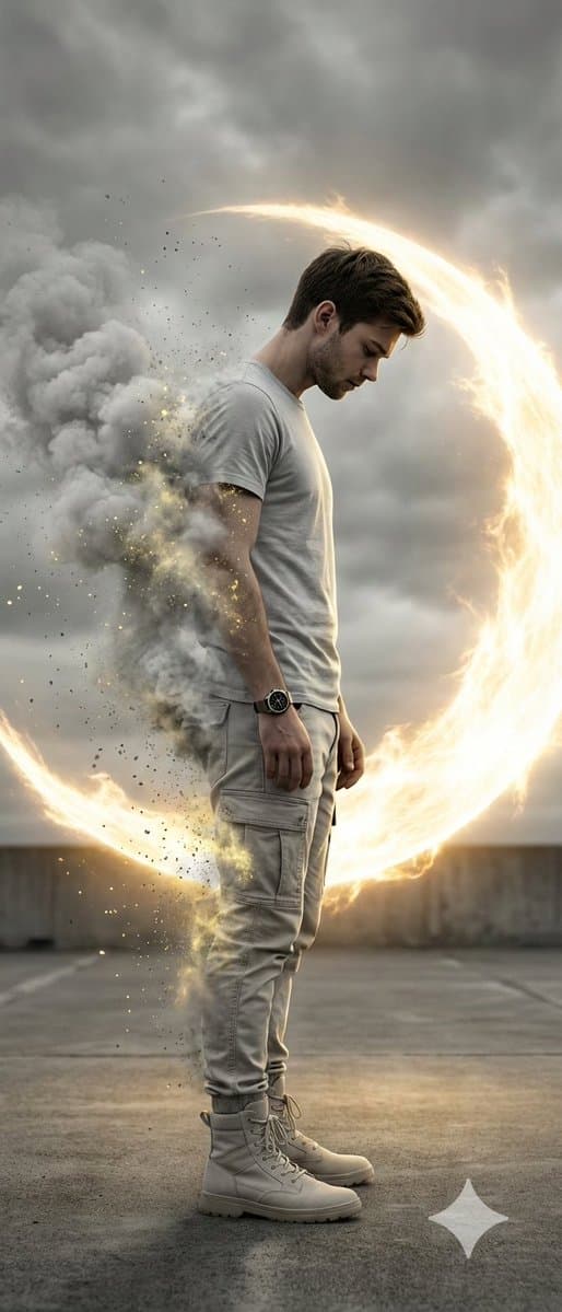 Cinematic Disintegration Portrait with Energy Aura — output