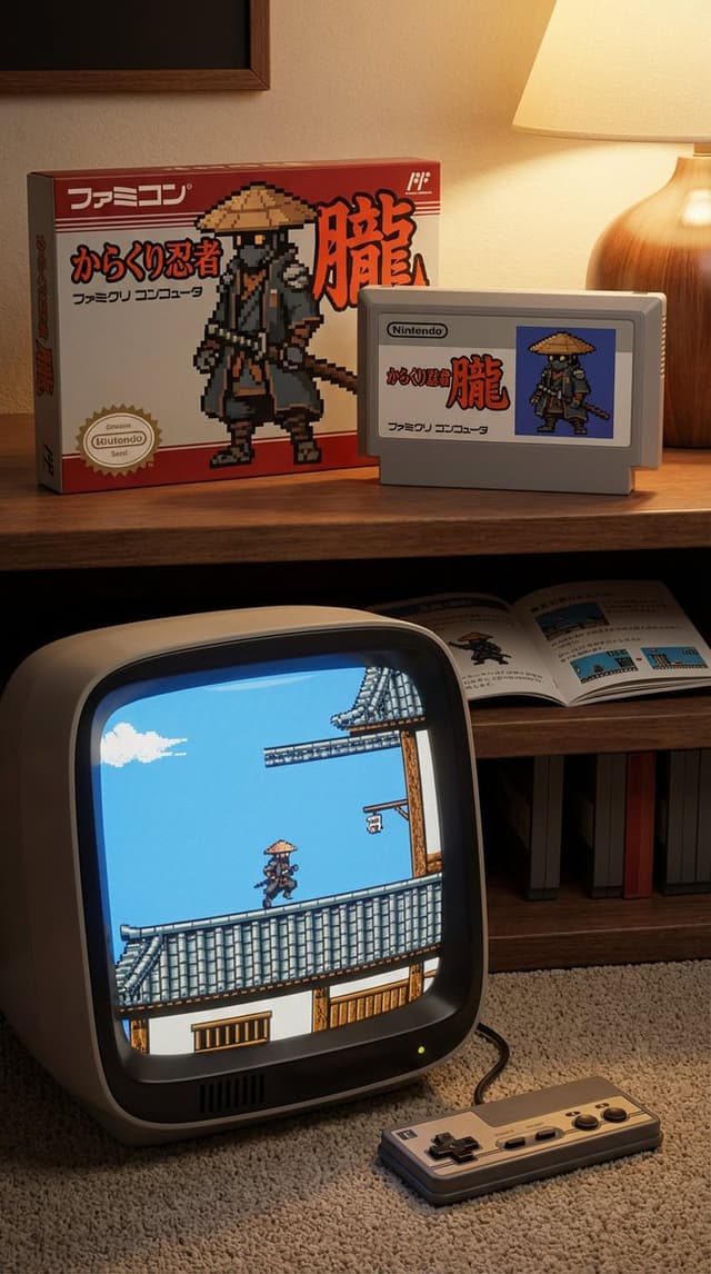 Famicom game box, cartridge, manual, and CRT screen (Japanese) — output