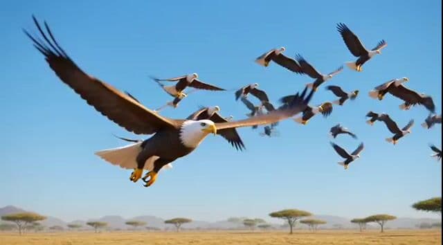 Grok Imagine prompt: Epic wildlife scene with eagles, lions, and a pig hunt — cover