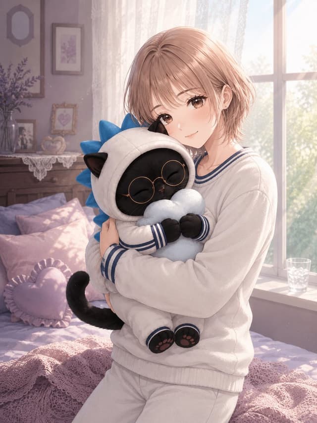 Profile / Avatar - Anime Girl Hugging Black Cat Plush — output