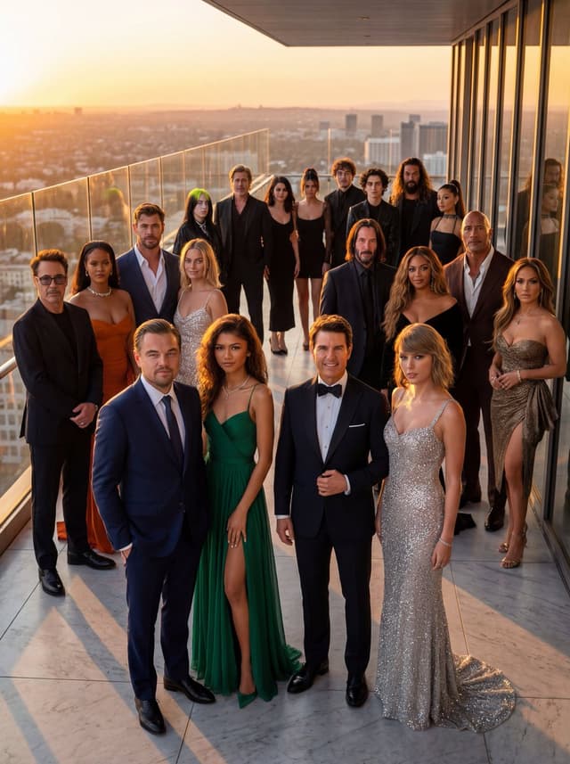 Hyper-realistic celebrity group editorial cover — output