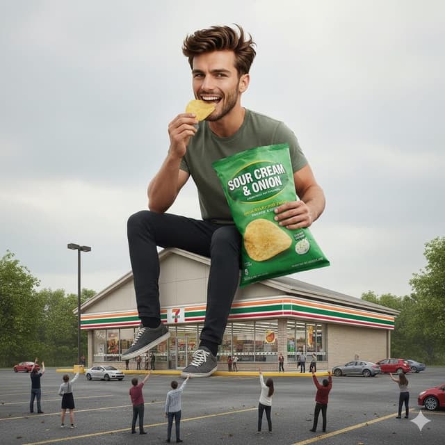 Surreal advertising scene of a giant man eating a cheeseburger — output