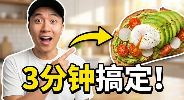 Viral Thumbnail: Excited pointing, avocado toast, “Done in 3 Minutes!” — output