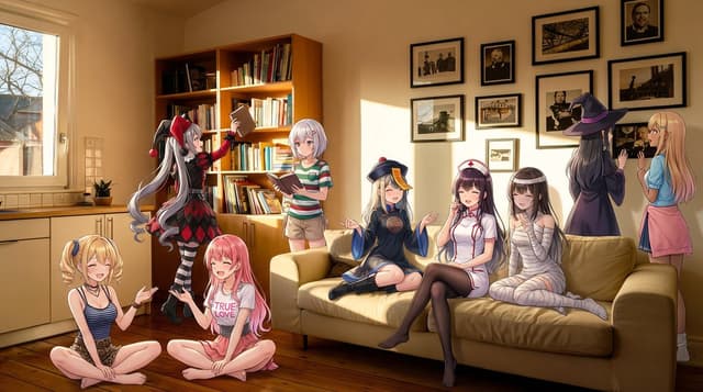 Nine-character group scene in living room background — output