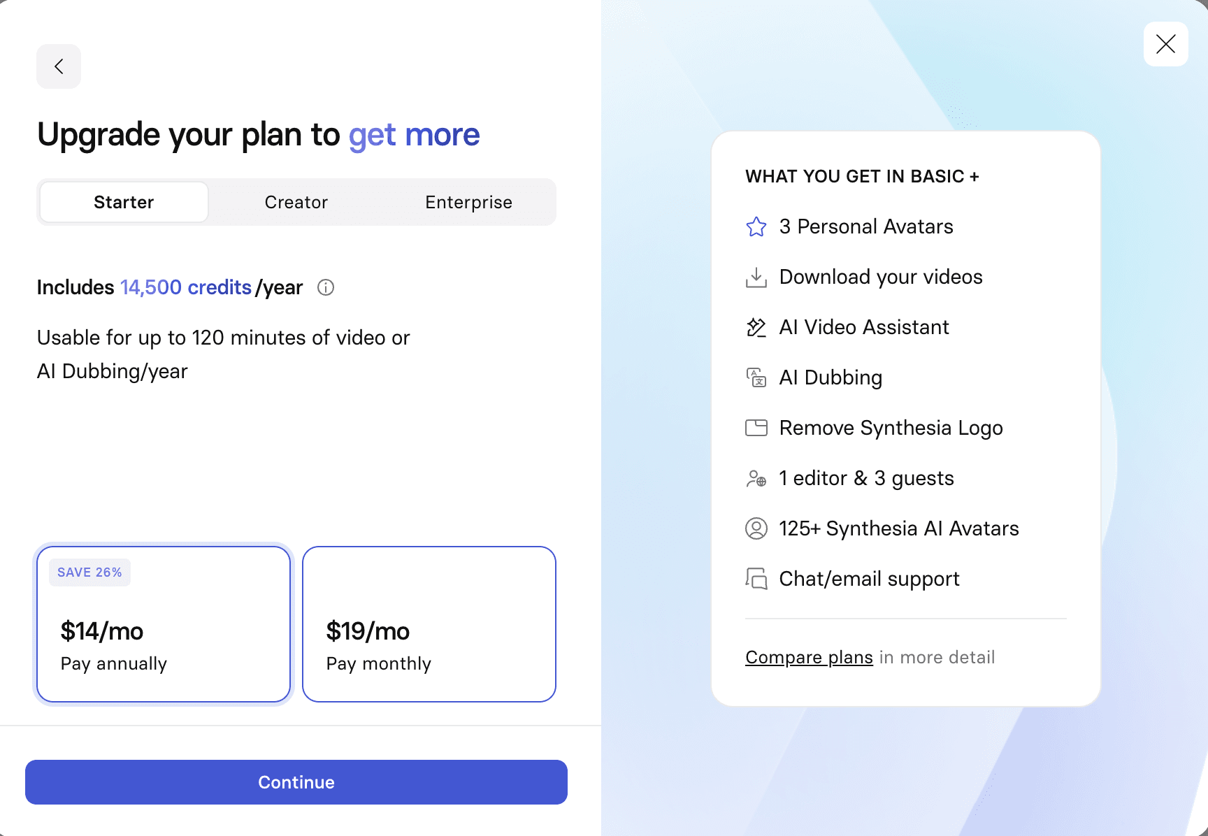 Synthesia upgrade screen showing local Starter plan pricing and included features