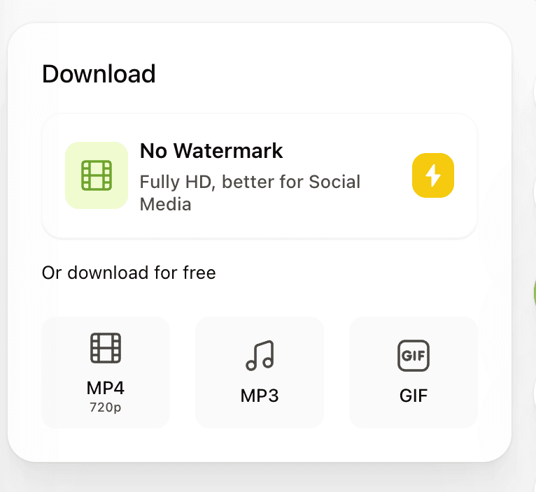 VEED download panel showing MP4 video, MP3 audio, and GIF export options