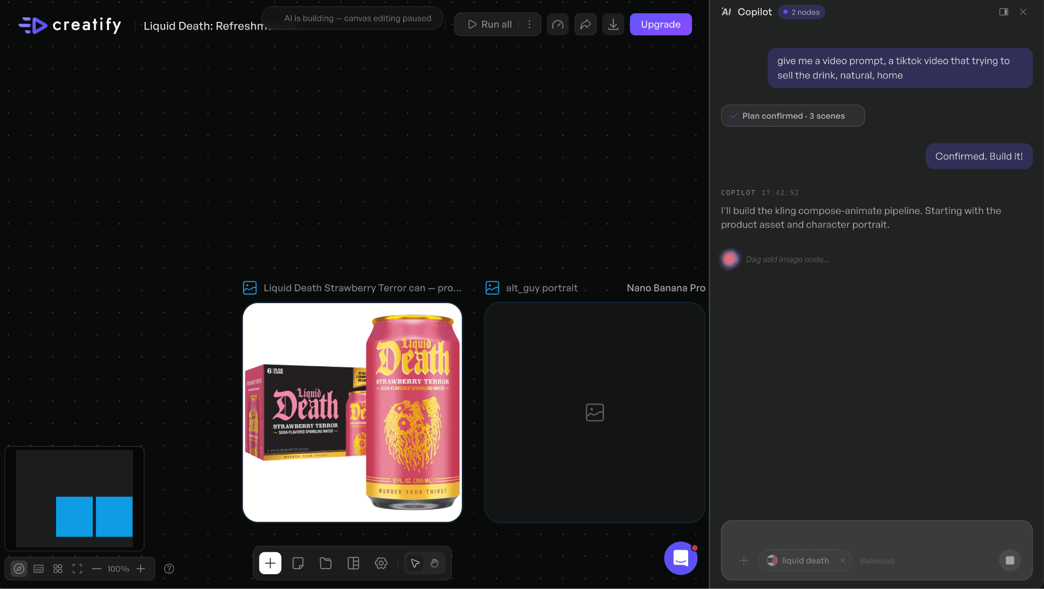 Astorie canvas connecting a source image, motion prompt, video model, and generated video