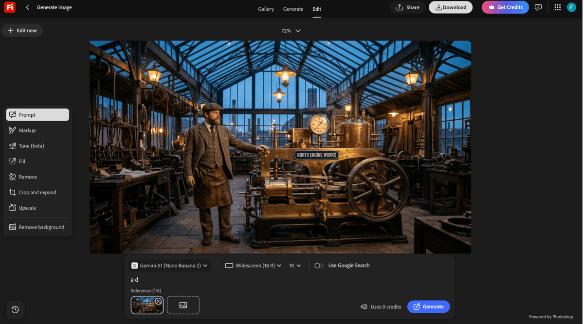 Adobe Firefly workspace showing a generated workshop image and integrated editing tools