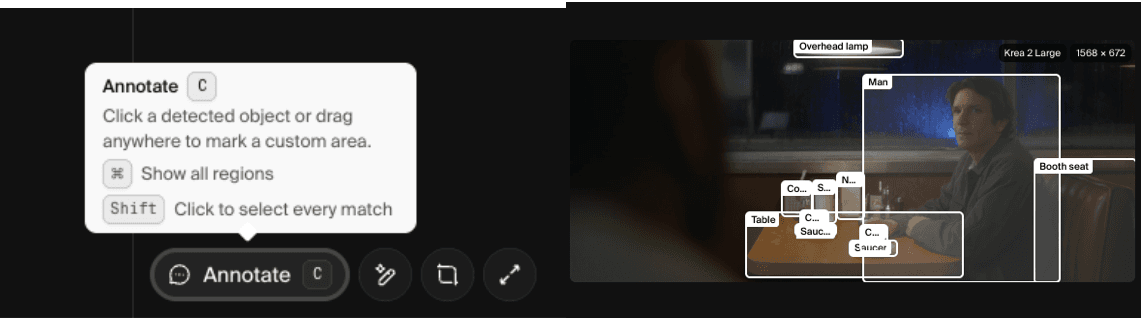 Krea Annotate tool detecting editable objects in a generated diner image