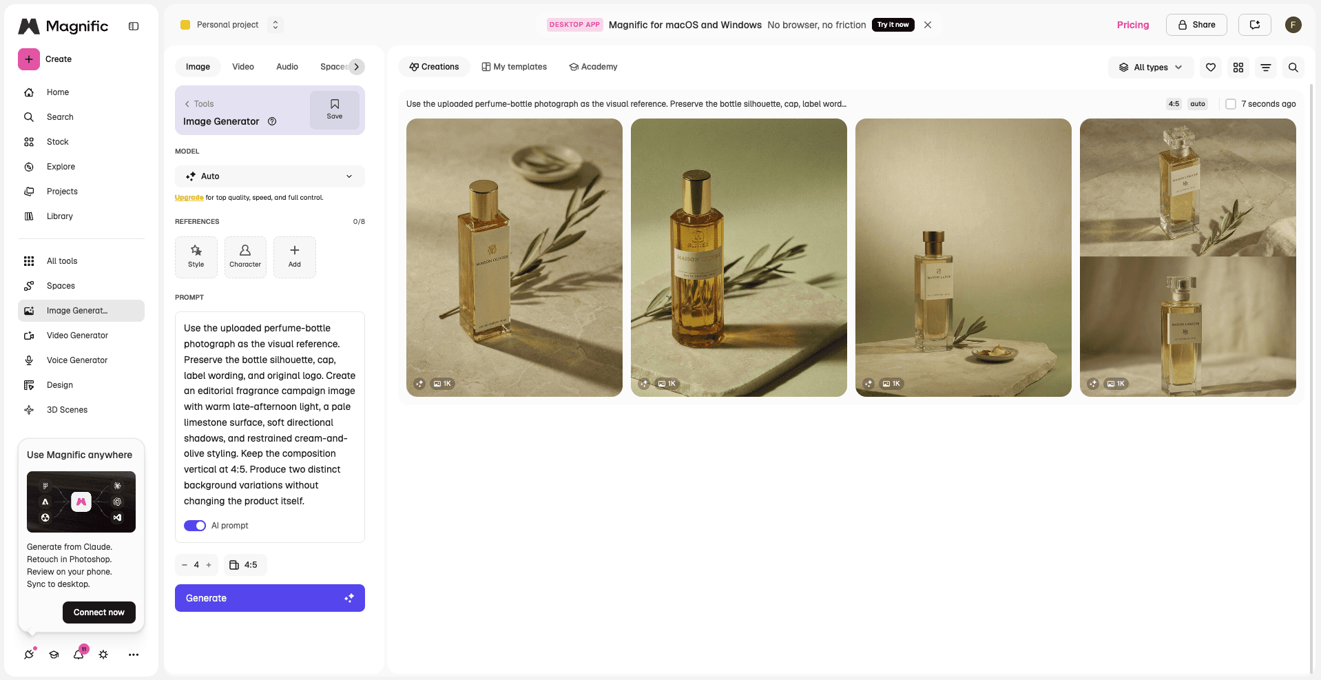 Magnific image-generation workspace showing a prompt and four perfume-image variations